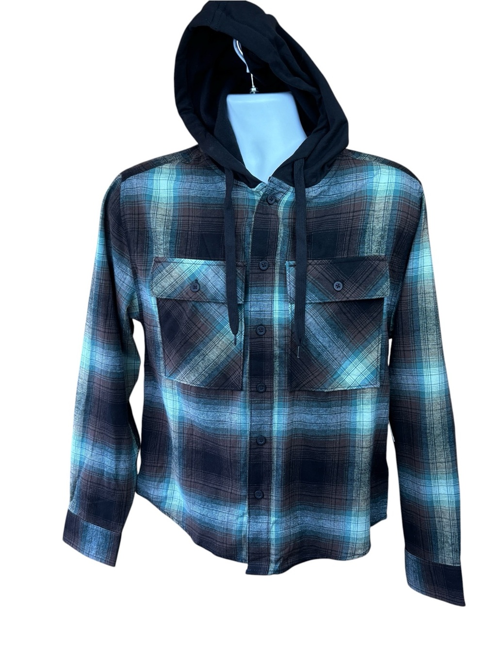 No Boundaries button front shirt, size XS, oversized fit, flannel, plaid, NWT